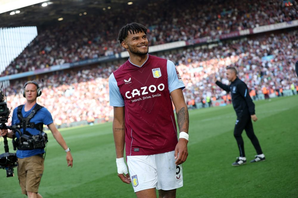 The Villa players celebrate qualifying for Europe after beating Brighton at Villa Park.