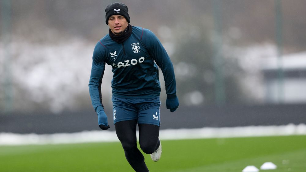 Aston Villa train at a snowy Bodymoor Heath. 